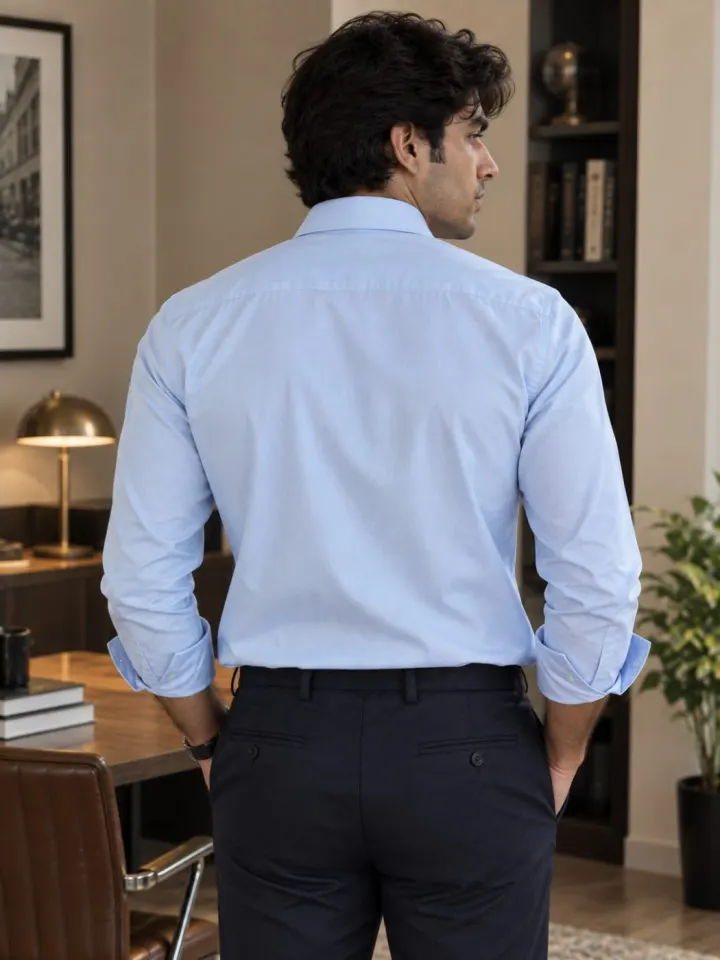Bemount Bemount Sky Blue Poplin Shirt in Sky Blue, back view