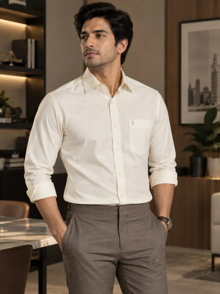 Bemount Bemount Soft Ivory Cotton Poplin Shirt in Soft Ivory, front view
