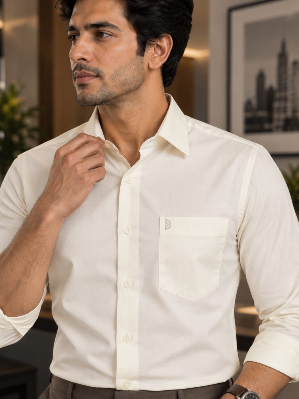 Bemount Bemount Soft Ivory Cotton Poplin Shirt in Soft Ivory, closeup view
