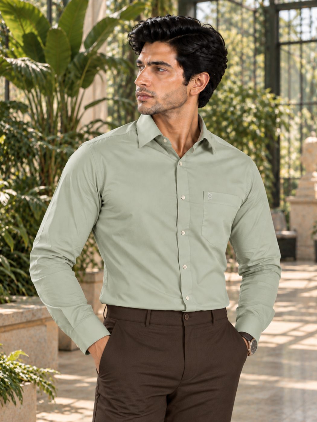 Bemount Bemount Soft Sage Green Poplin Shirt in Soft Sage Green, front view