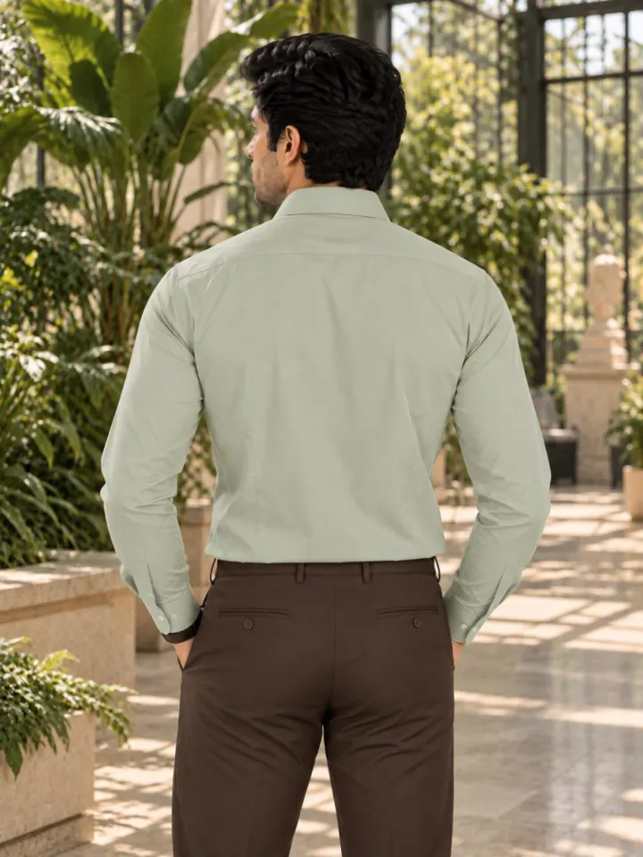Bemount Bemount Soft Sage Green Poplin Shirt in Soft Sage Green, back view