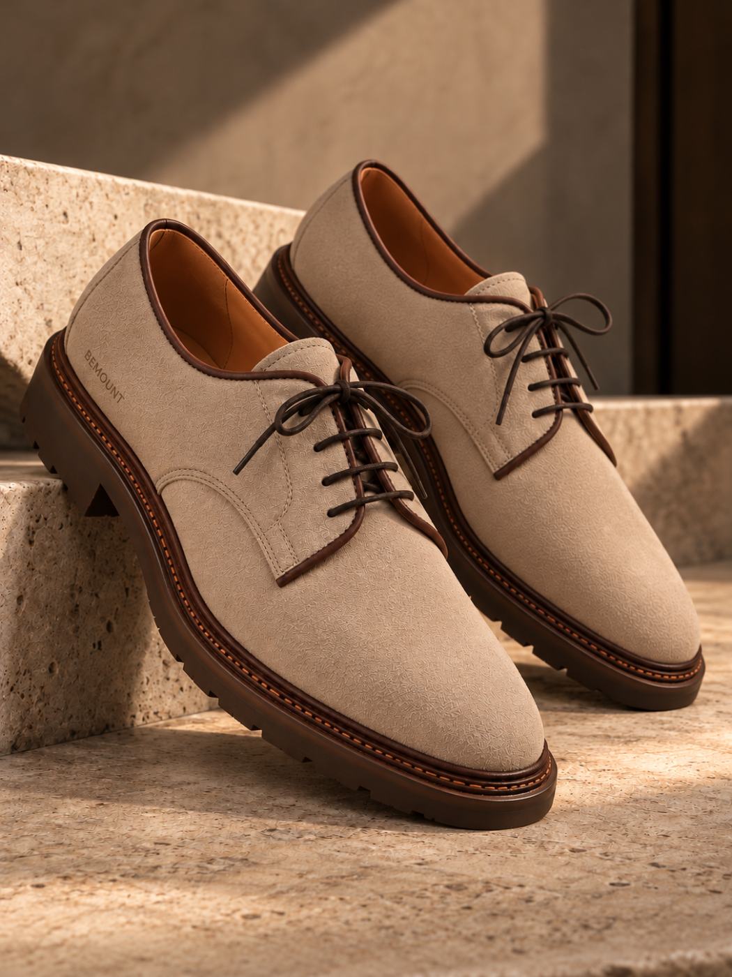 Bemount Bemount Atelier Suede Derby in Sand, pair, front three-quarter