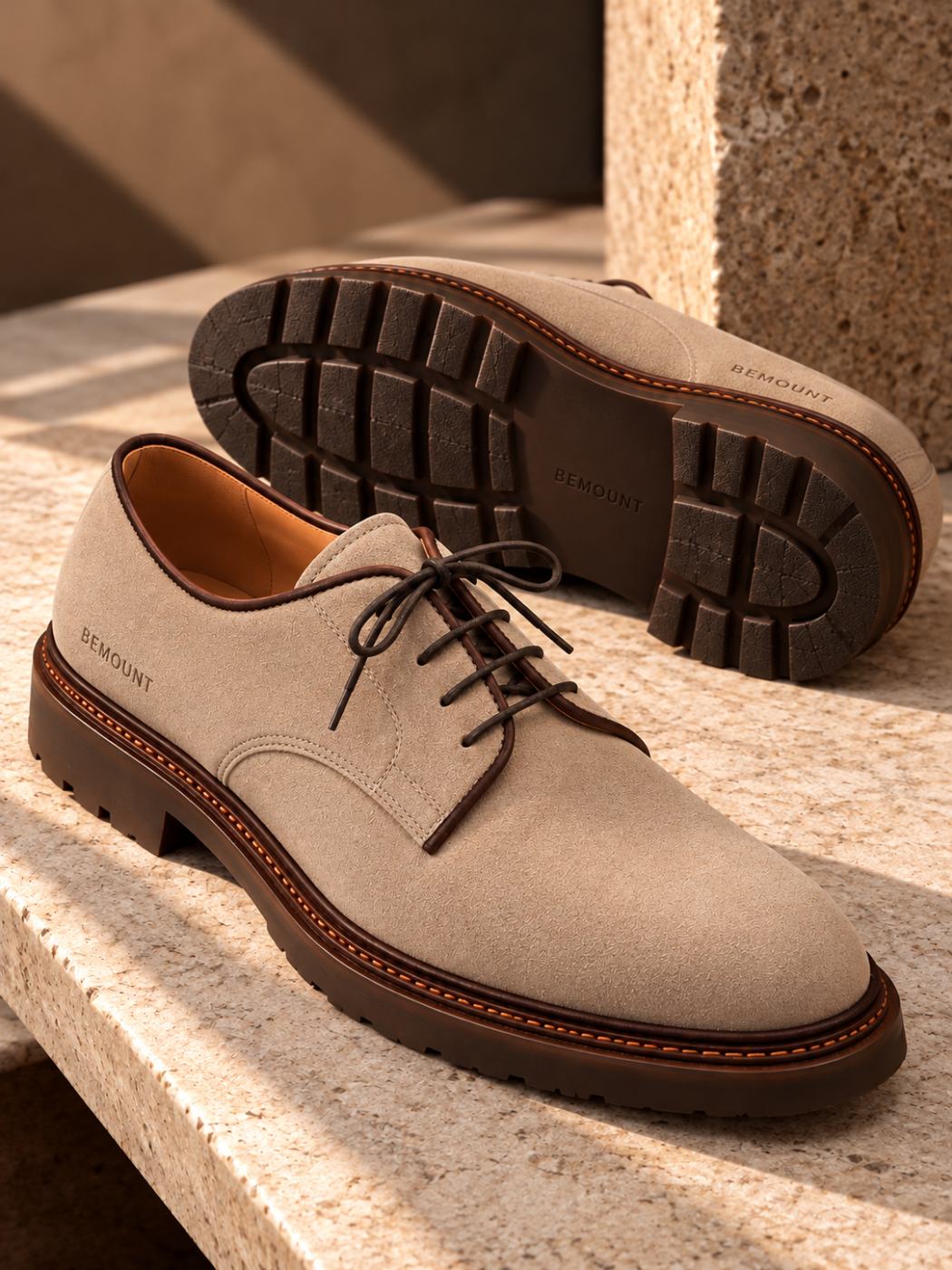 Bemount Bemount Atelier Suede Derby in Sand, sole and side