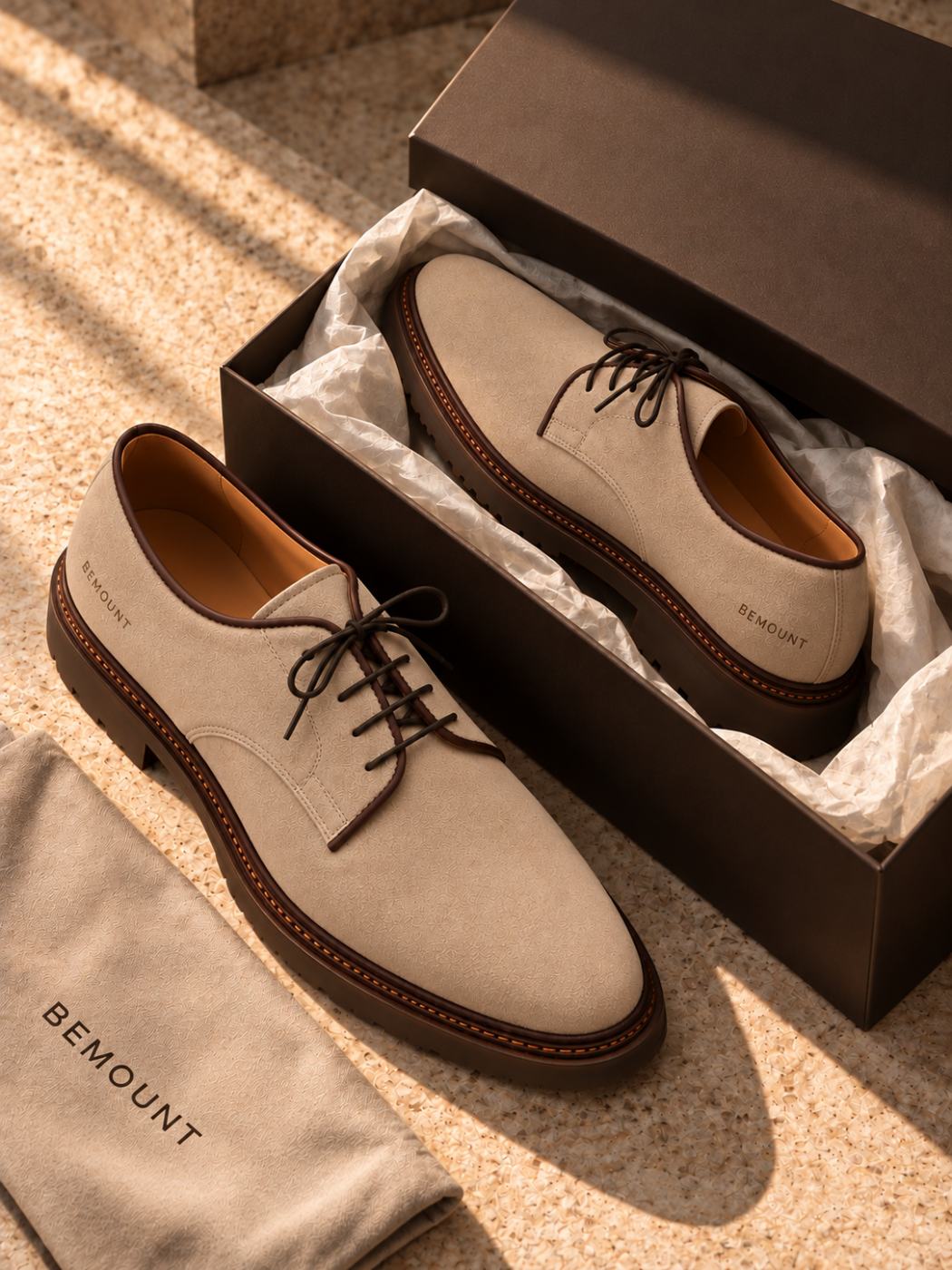Bemount Bemount Atelier Suede Derby in Sand, in its box with dust bag