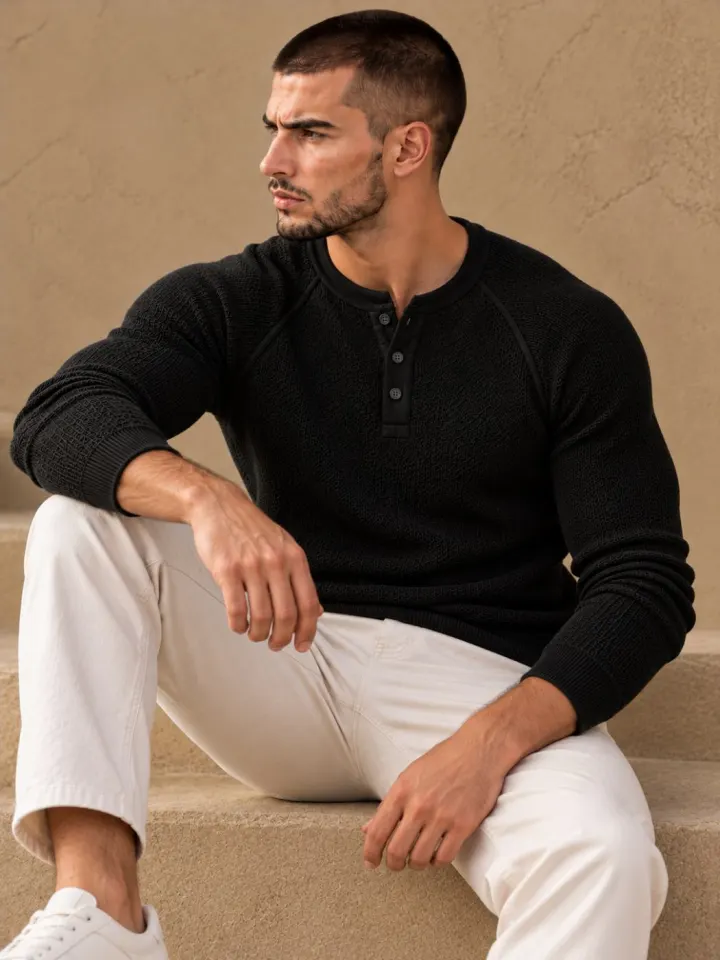 Bemount Bemount Black Birdseye Raglan Henley, view 2