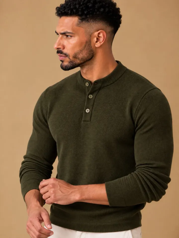 Bemount Bemount Dark Olive Structured Band-Collar Henley, front view