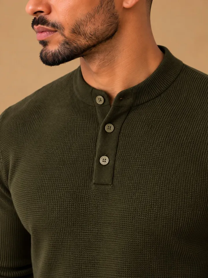 Bemount Bemount Dark Olive Structured Band-Collar Henley, view 2