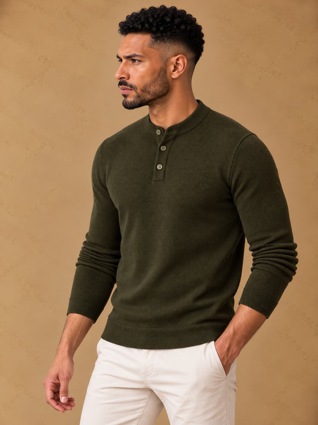 Bemount Bemount Dark Olive Structured Band-Collar Henley, view 3