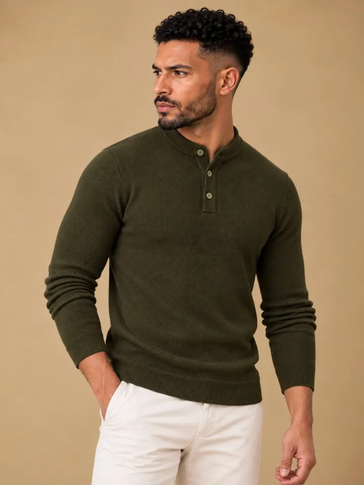 Bemount Bemount Dark Olive Structured Band-Collar Henley, view 4