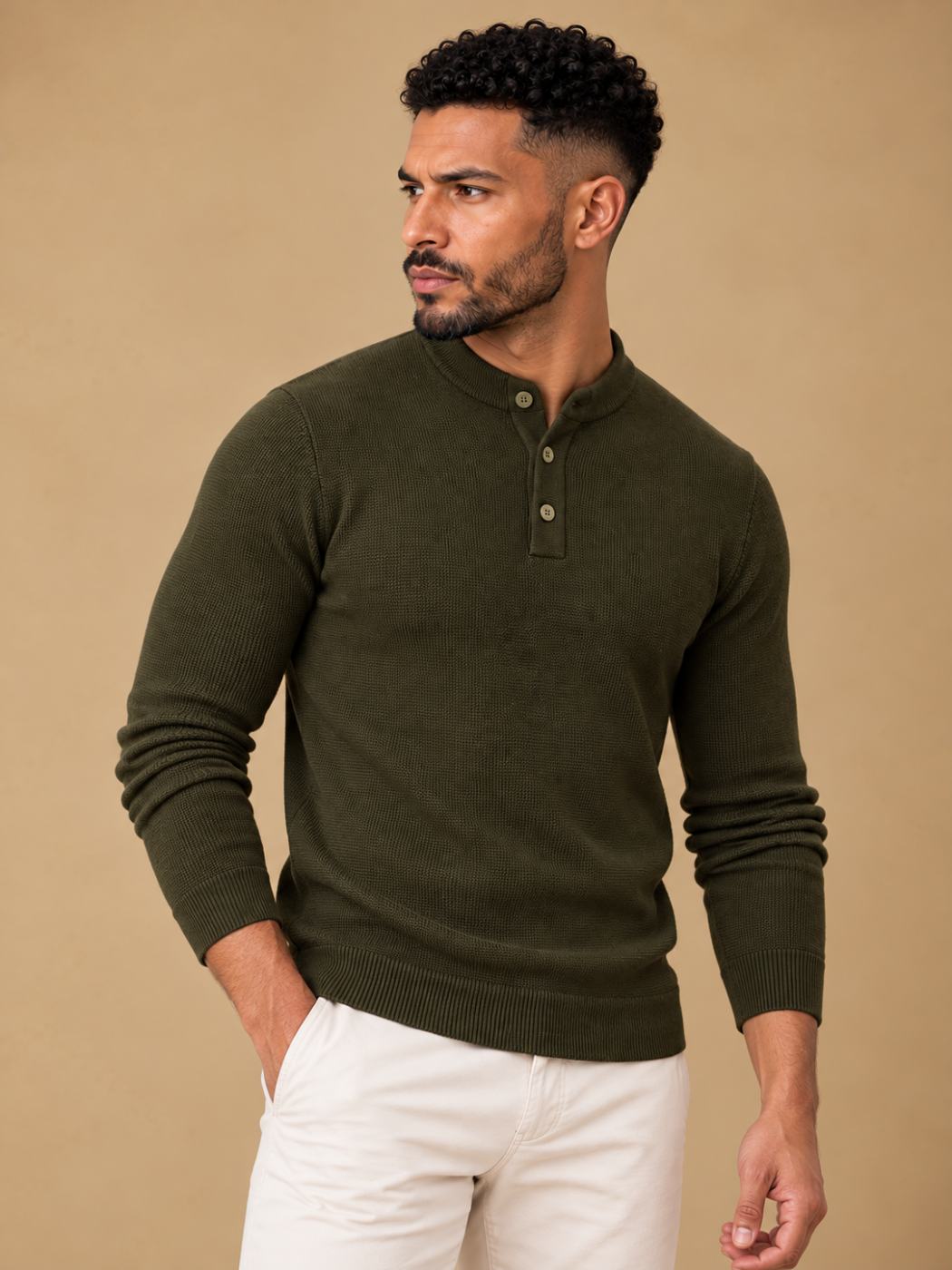 Bemount Bemount Dark Olive Structured Band-Collar Henley, view 4