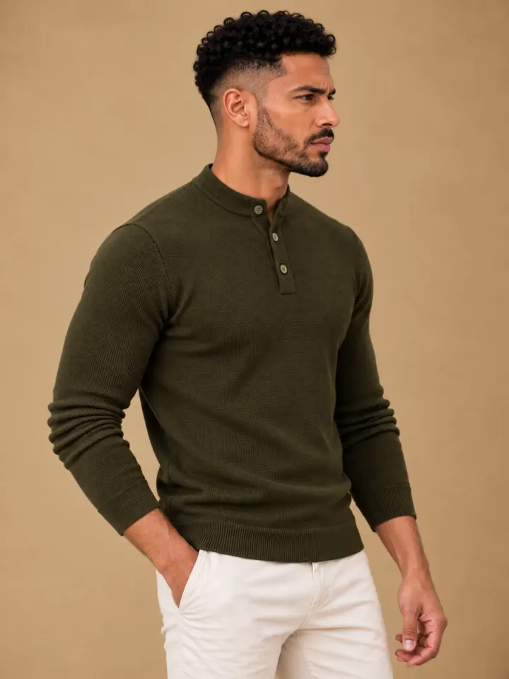 Bemount Bemount Dark Olive Structured Band-Collar Henley, view 5