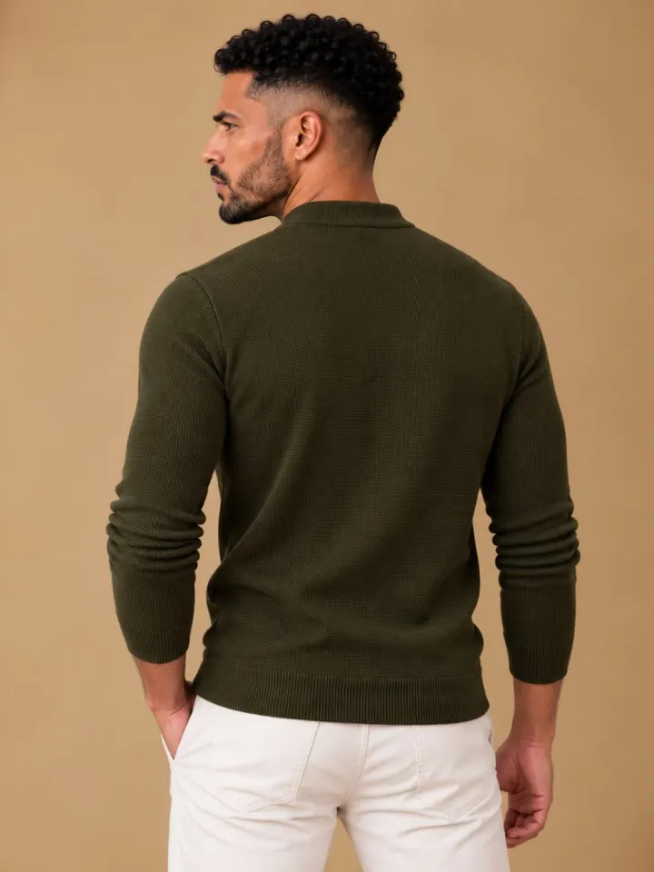 Bemount Bemount Dark Olive Structured Band-Collar Henley, view 6