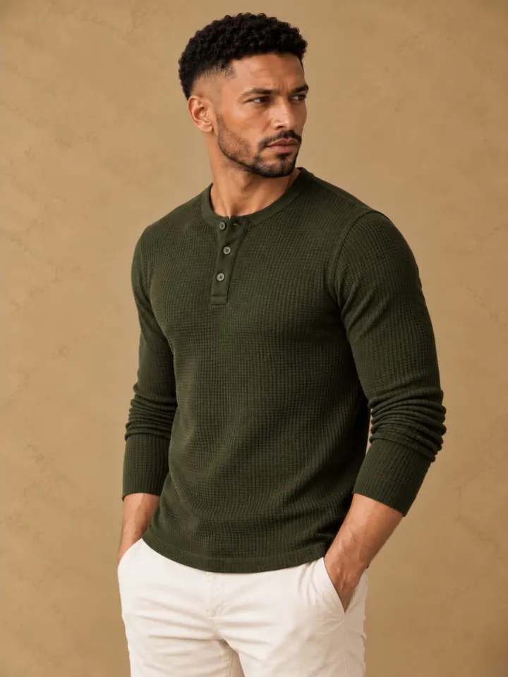 Bemount Bemount Deep Forest Olive Classic Textured Knit Henley, front view