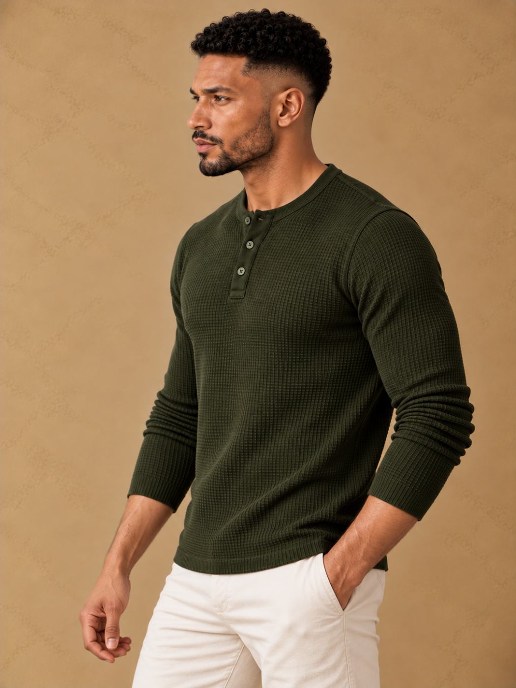 Bemount Bemount Deep Forest Olive Classic Textured Knit Henley, view 3