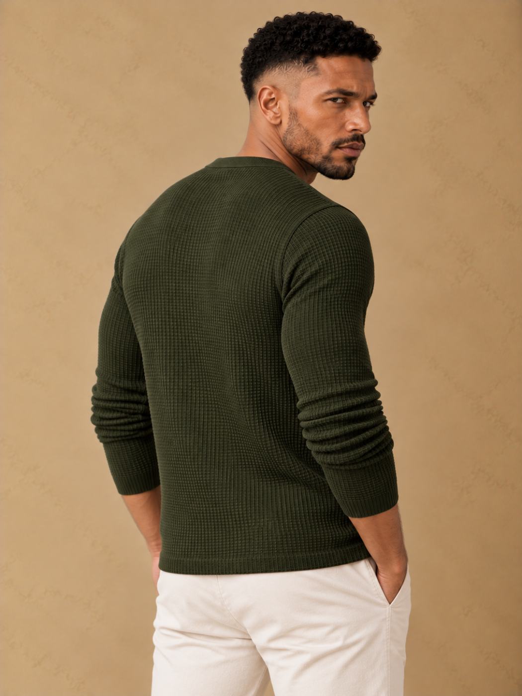 Bemount Bemount Deep Forest Olive Classic Textured Knit Henley, view 4