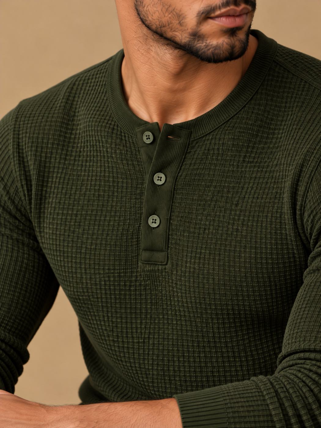 Bemount Bemount Deep Forest Olive Classic Textured Knit Henley, view 6