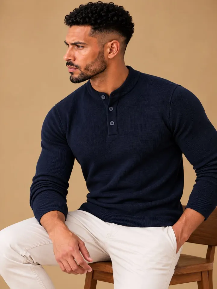 Bemount Bemount Midnight Navy Structured Band-Collar Henley, front view