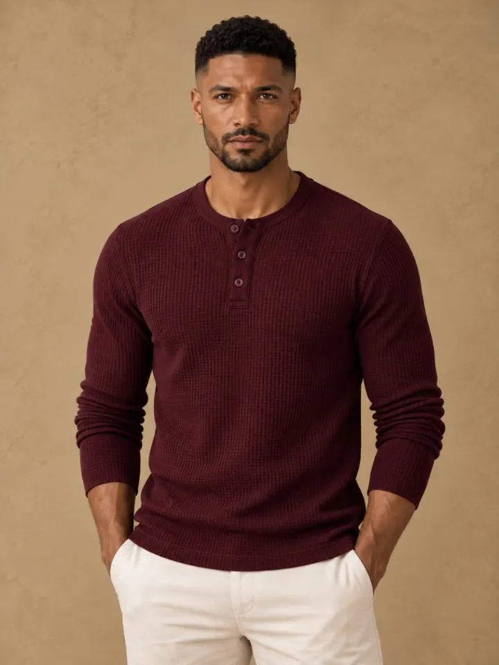 Bemount Bemount Oxblood Burgundy Classic Textured Knit Henley, front view