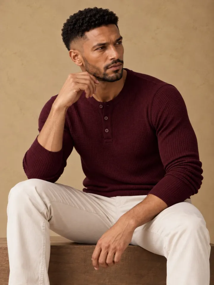 Bemount Bemount Oxblood Burgundy Classic Textured Knit Henley, view 2