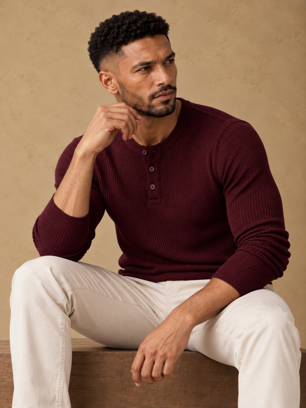 Bemount Bemount Oxblood Burgundy Classic Textured Knit Henley, view 2