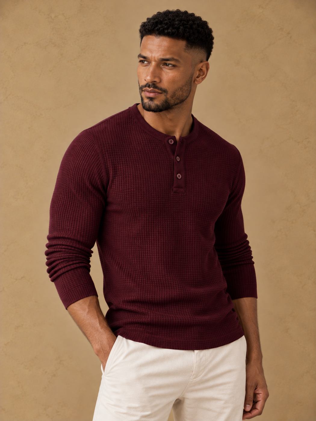 Bemount Bemount Oxblood Burgundy Classic Textured Knit Henley, view 5