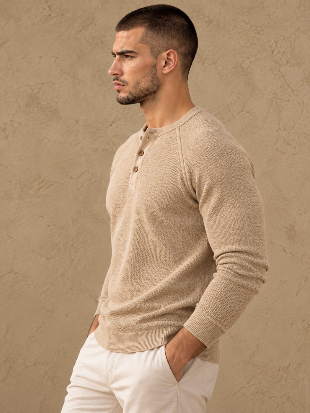 Bemount Bemount Sand Beige Birdseye Raglan Henley, view 2