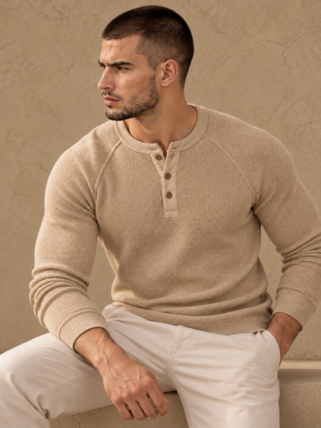Bemount Bemount Sand Beige Birdseye Raglan Henley, view 4