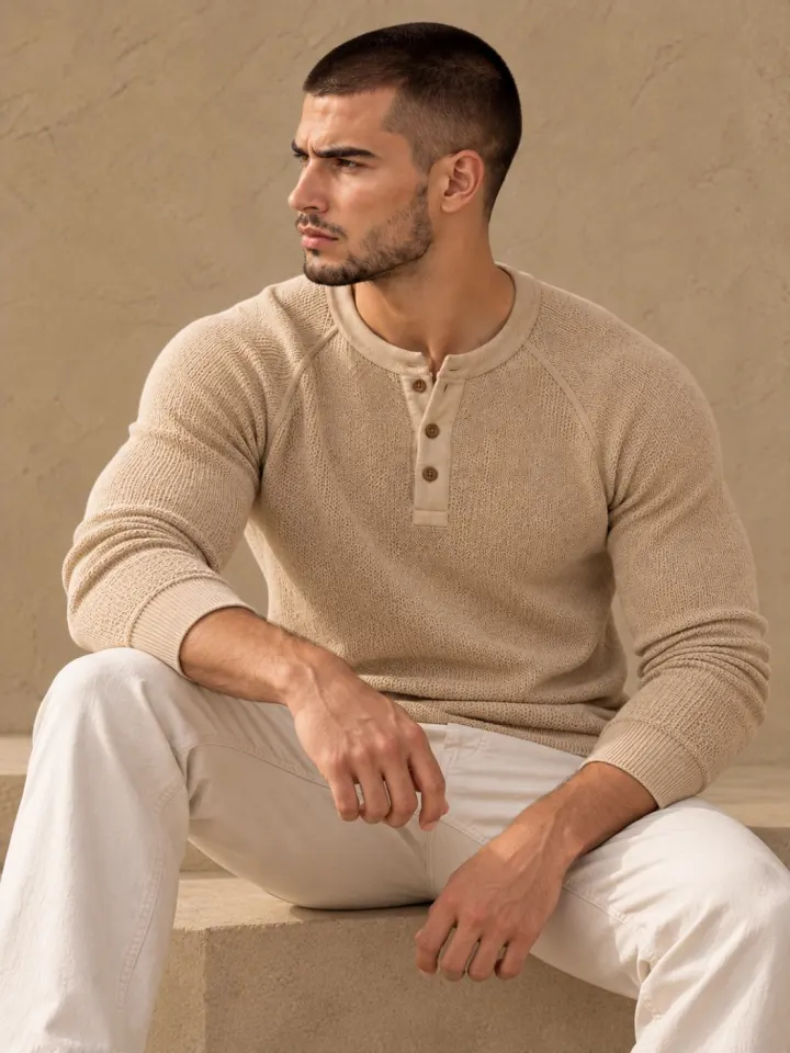 Bemount Bemount Sand Beige Birdseye Raglan Henley, view 5