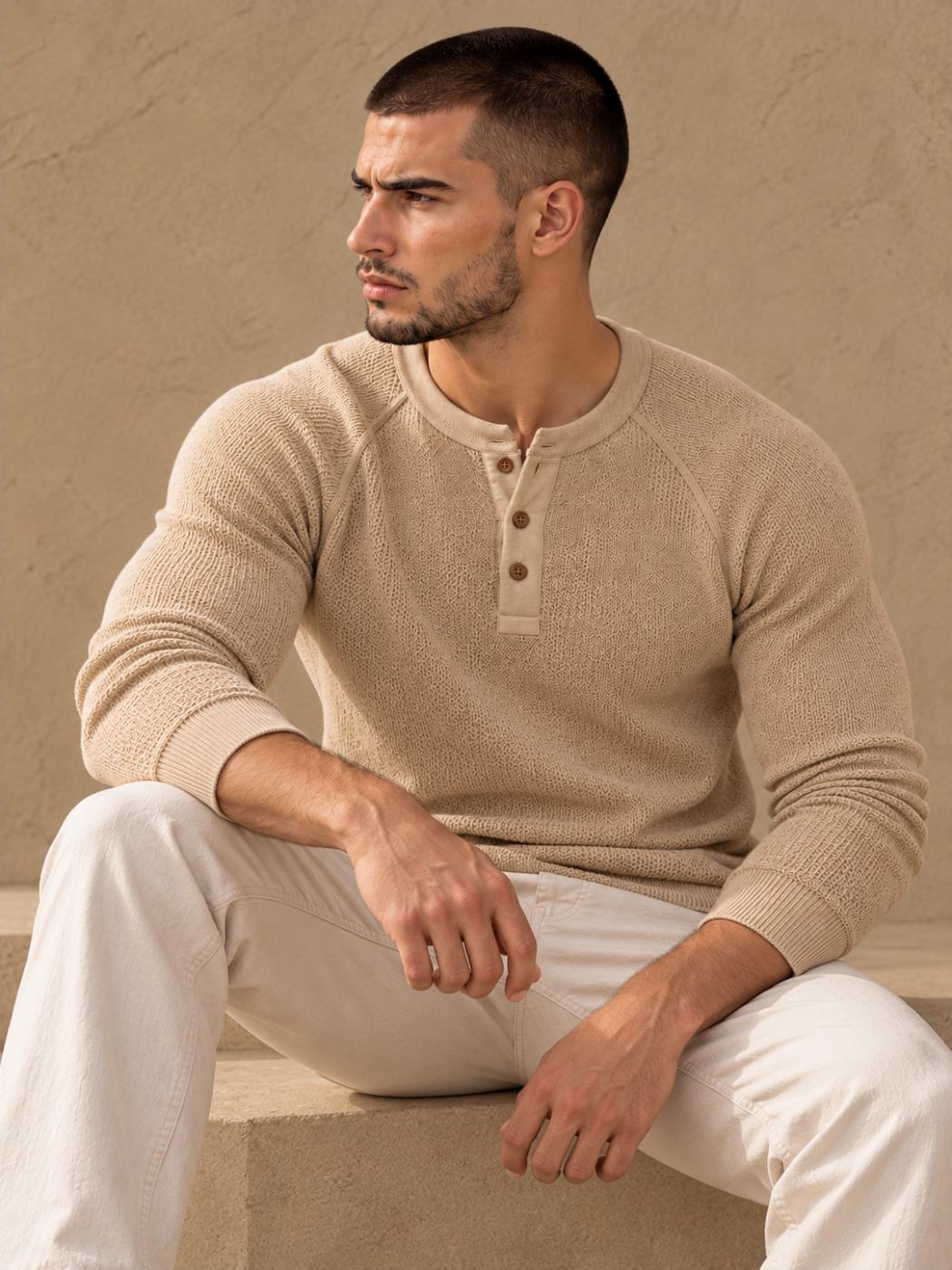 Bemount Bemount Sand Beige Birdseye Raglan Henley, view 5