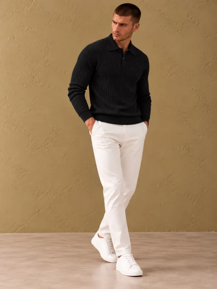 Bemount Bemount Black Sculpted Vertical Rib Knit Polo, view 4