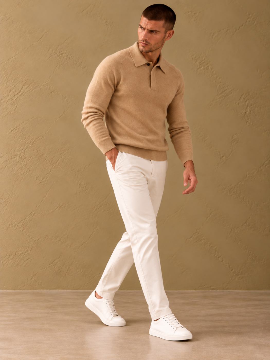 Bemount Bemount Camel Cashmere Fine-Gauge One-Button Polo, view 4