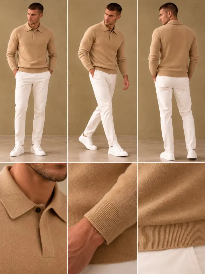Bemount Bemount Camel Cashmere Fine-Gauge One-Button Polo, view 6
