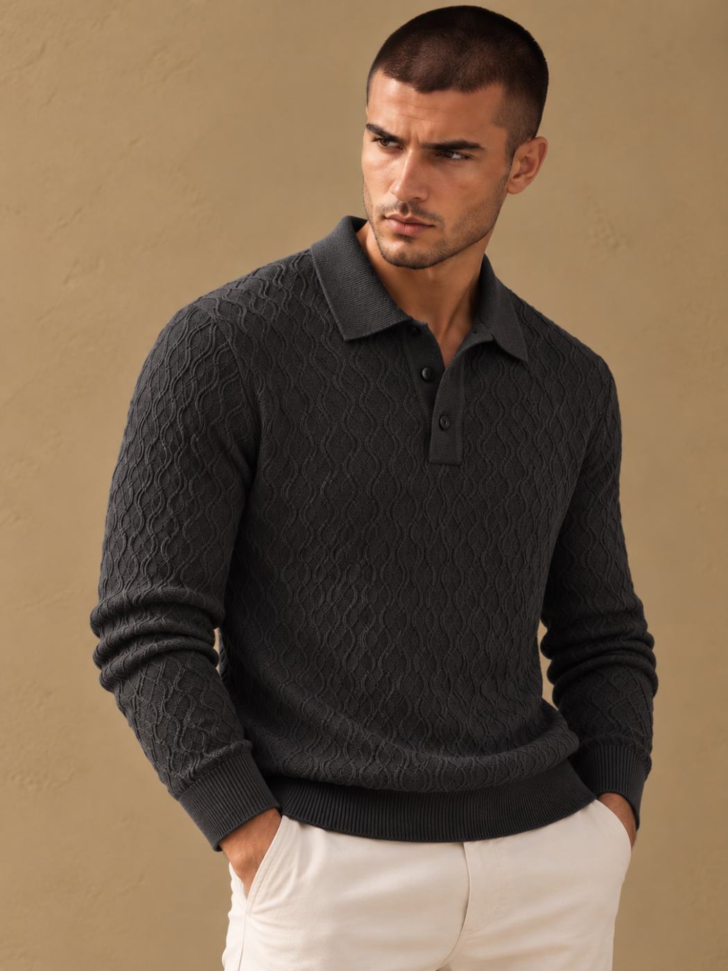 Bemount Bemount Charcoal Sculpted Wave Texture Knit Polo, front view