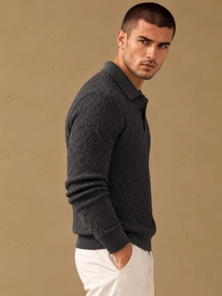 Bemount Bemount Charcoal Sculpted Wave Texture Knit Polo, view 2