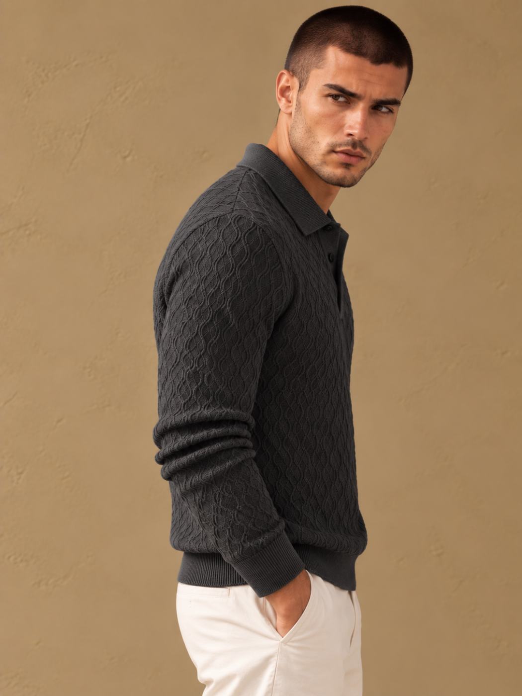 Bemount Bemount Charcoal Sculpted Wave Texture Knit Polo, view 2
