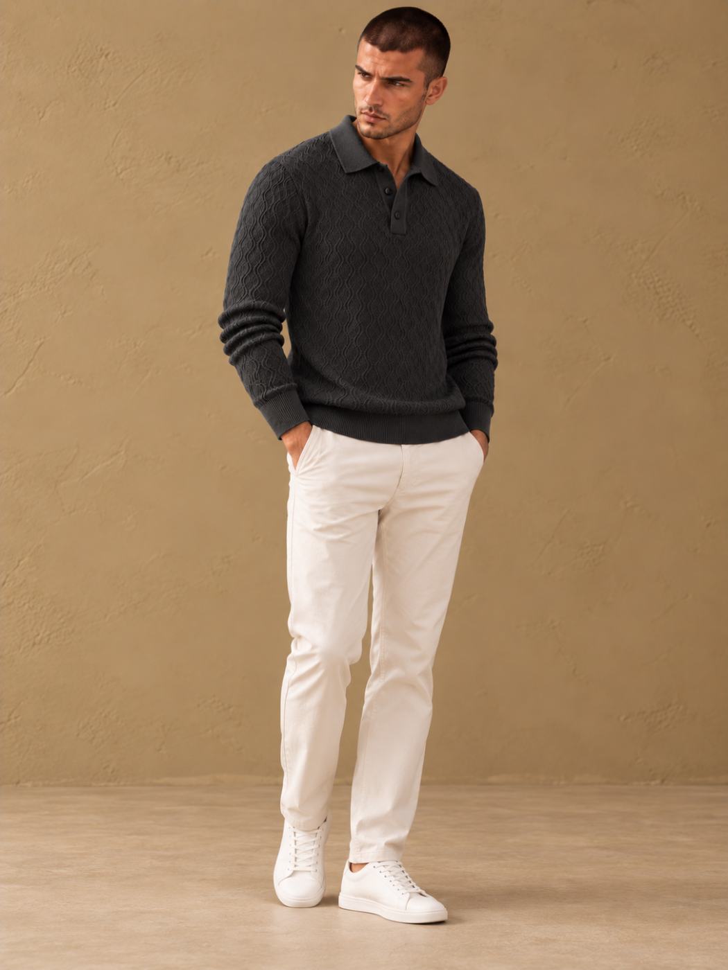 Bemount Bemount Charcoal Sculpted Wave Texture Knit Polo, view 4