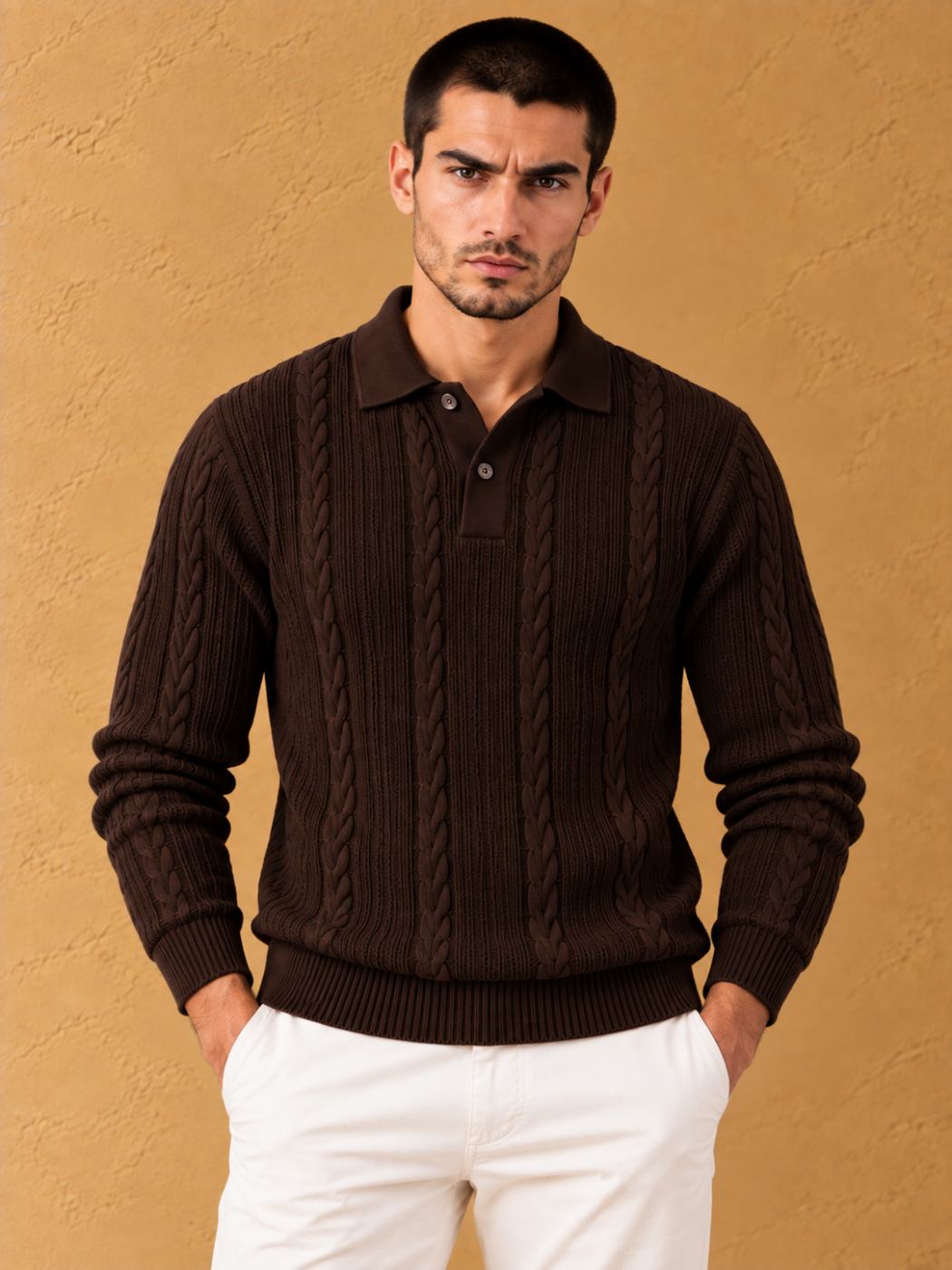 Bemount Bemount Dark Chocolate Cable-Knit Polo, front view