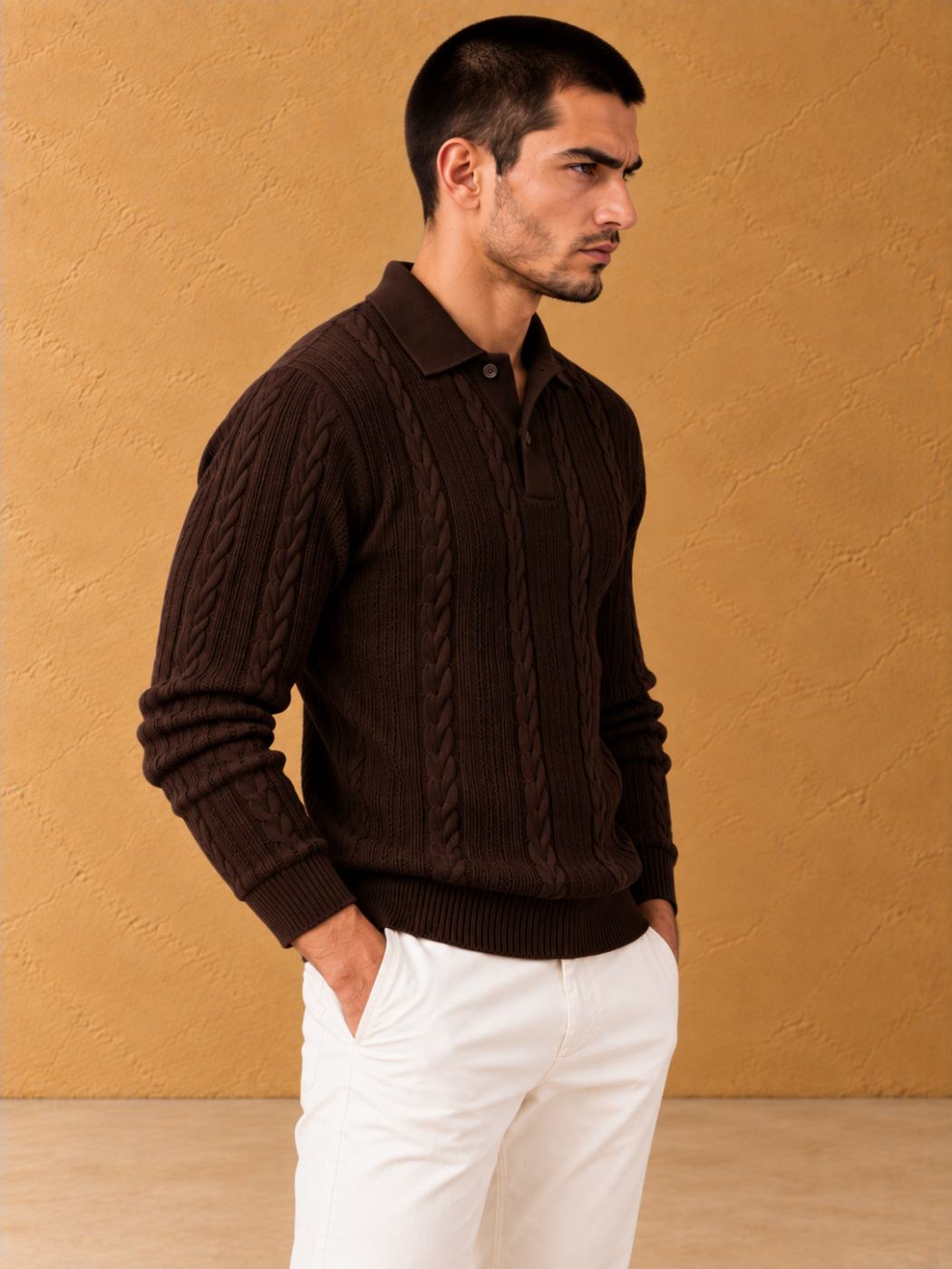 Bemount Bemount Dark Chocolate Cable-Knit Polo, view 2