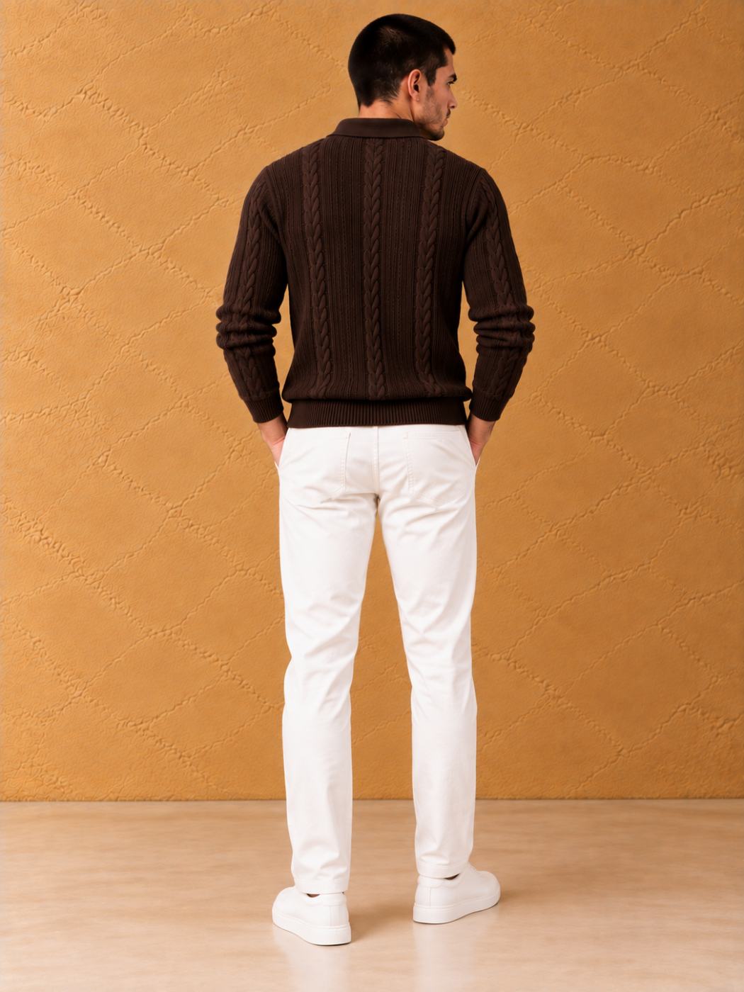 Bemount Bemount Dark Chocolate Cable-Knit Polo, view 3