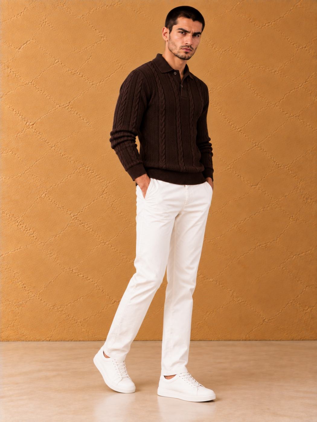 Bemount Bemount Dark Chocolate Cable-Knit Polo, view 4