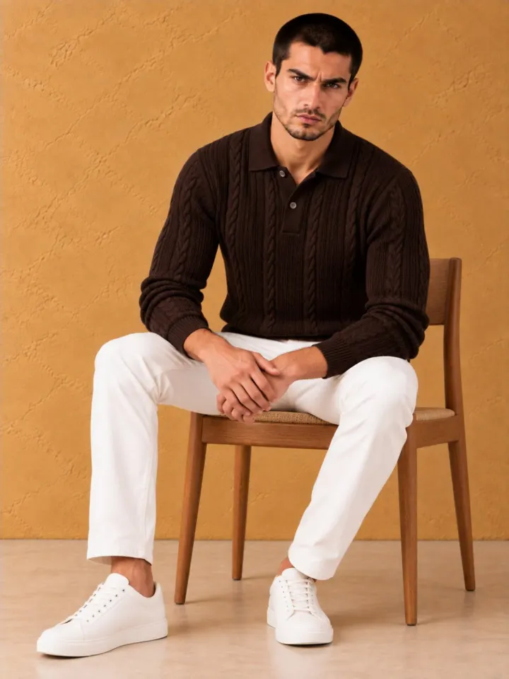 Bemount Bemount Dark Chocolate Cable-Knit Polo, view 5