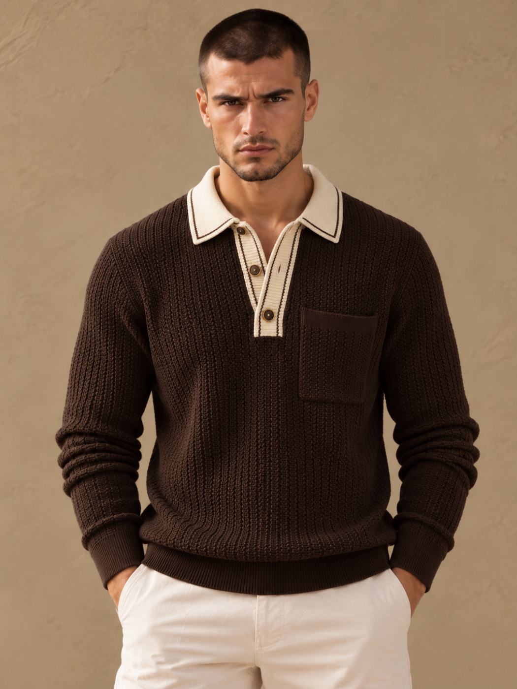Bemount Bemount Dark Chocolate Signature Contrast-Trim Textured Knit Polo, front view