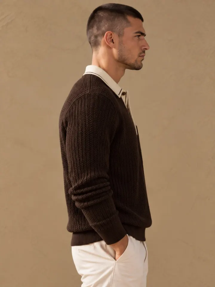 Bemount Bemount Dark Chocolate Signature Contrast-Trim Textured Knit Polo, view 2