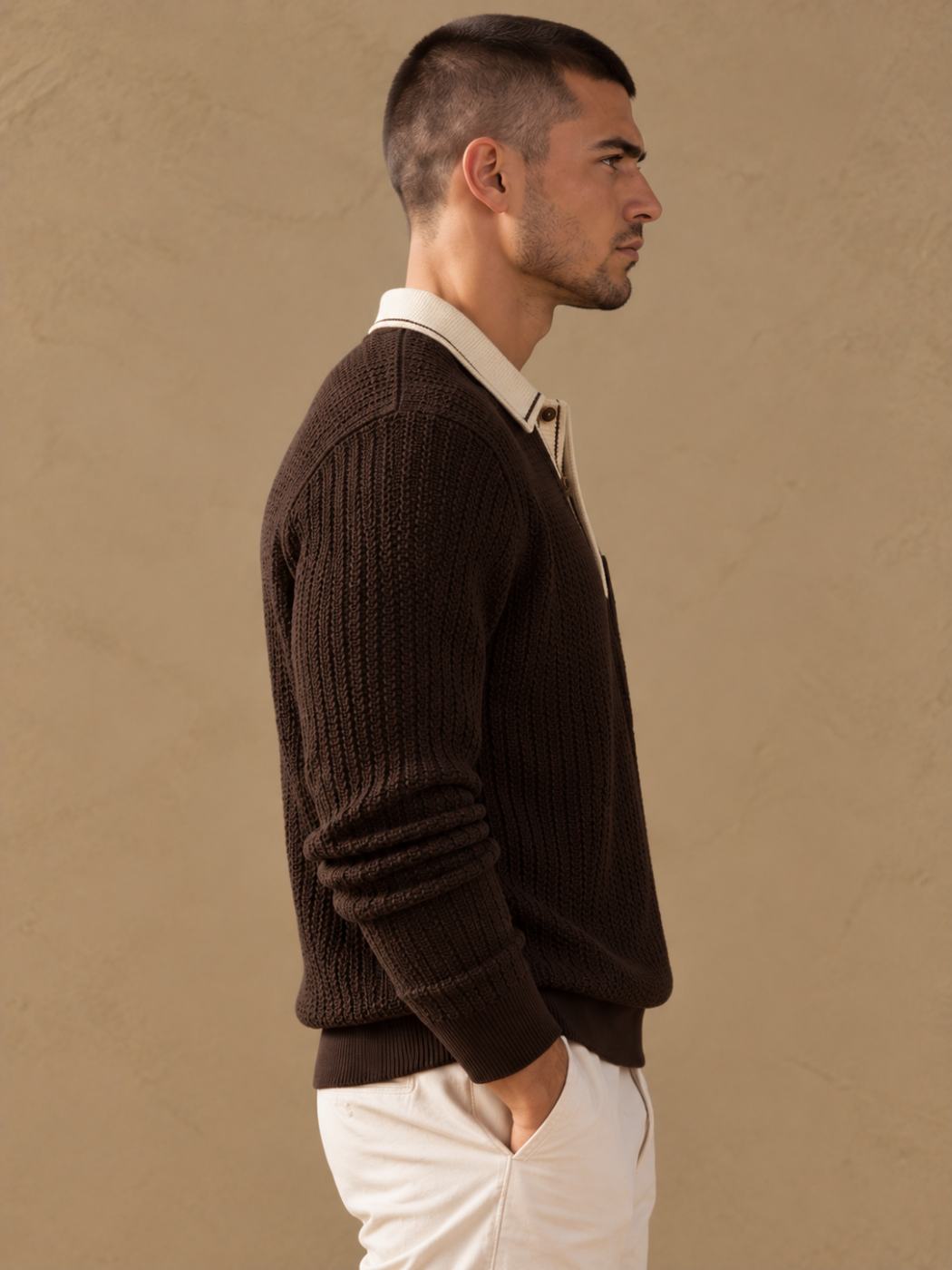 Bemount Bemount Dark Chocolate Signature Contrast-Trim Textured Knit Polo, view 2