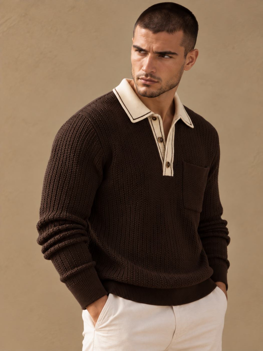 Bemount Bemount Dark Chocolate Signature Contrast-Trim Textured Knit Polo, view 4