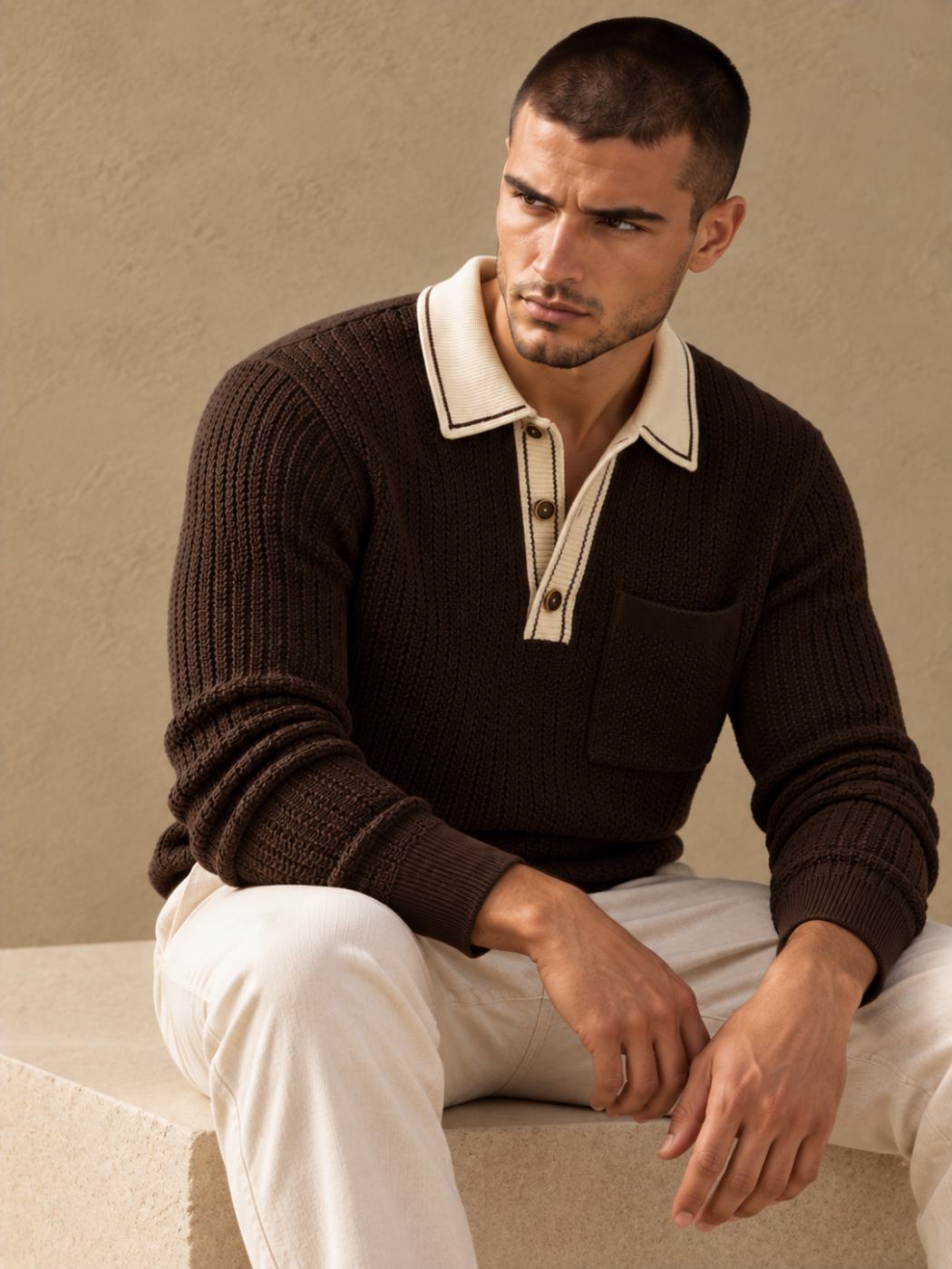 Bemount Bemount Dark Chocolate Signature Contrast-Trim Textured Knit Polo, view 5
