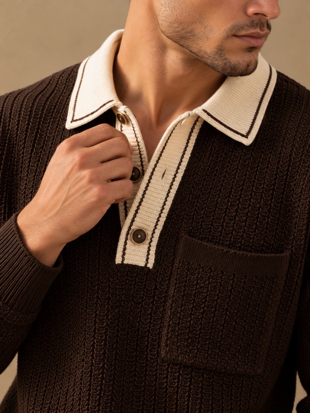 Bemount Bemount Dark Chocolate Signature Contrast-Trim Textured Knit Polo, view 6