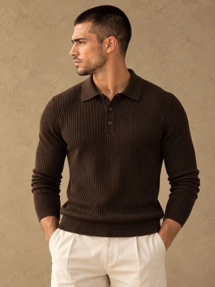 Bemount Bemount Dark Chocolate Signature Ribbed Knit Polo, front view