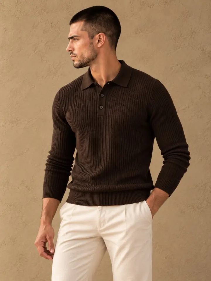 Bemount Bemount Dark Chocolate Signature Ribbed Knit Polo, view 2