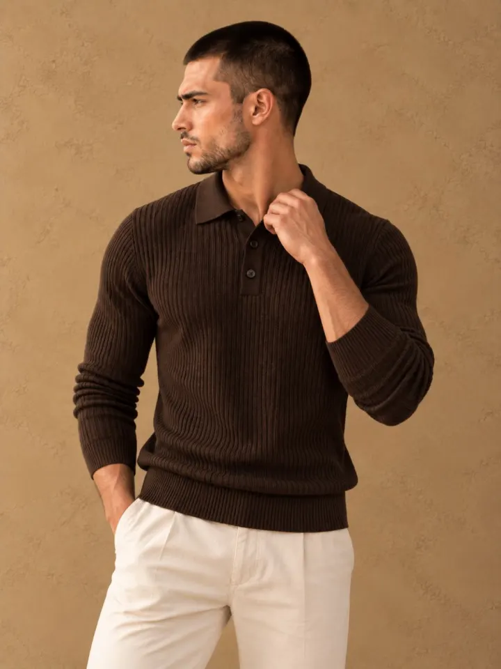 Bemount Bemount Dark Chocolate Signature Ribbed Knit Polo, view 4